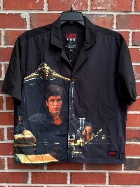 NWOT Reason X Scarface Black Graphic Large Camp Shirt - Tony Montana Print F9